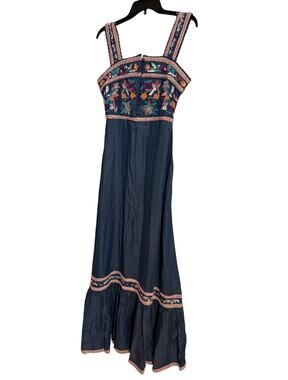 NWT Boston Proper Beaded Embroidered Boho Maxi Dress Blue Tencel Sz 2 Flaw